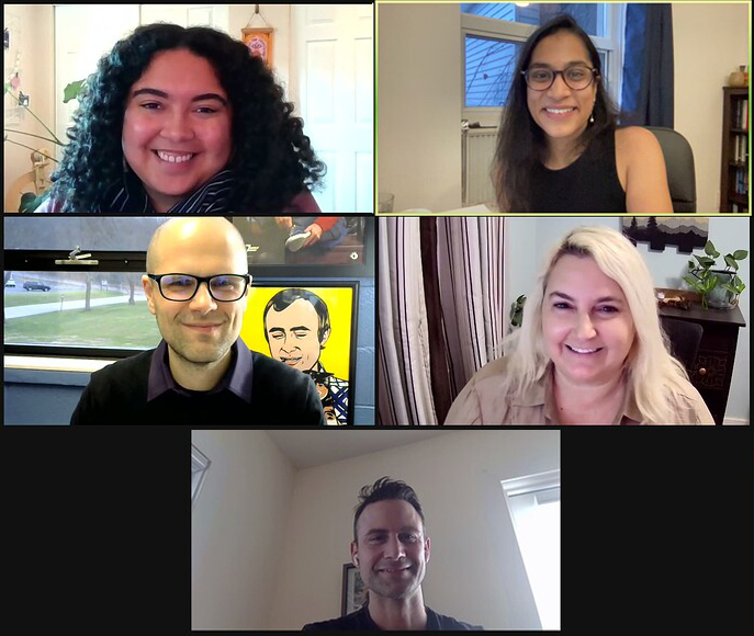 A screenshot of a Zoom call with Rebus Textbook Success Program Facilitators. All individuals are looking at the camera and smiling.